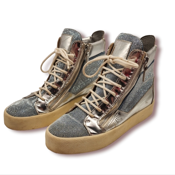(RARE)Giuseppe Zanotti Blue/Silver Denim Justy Crystal Studded High Top Sneakers - Picture 3 of 8